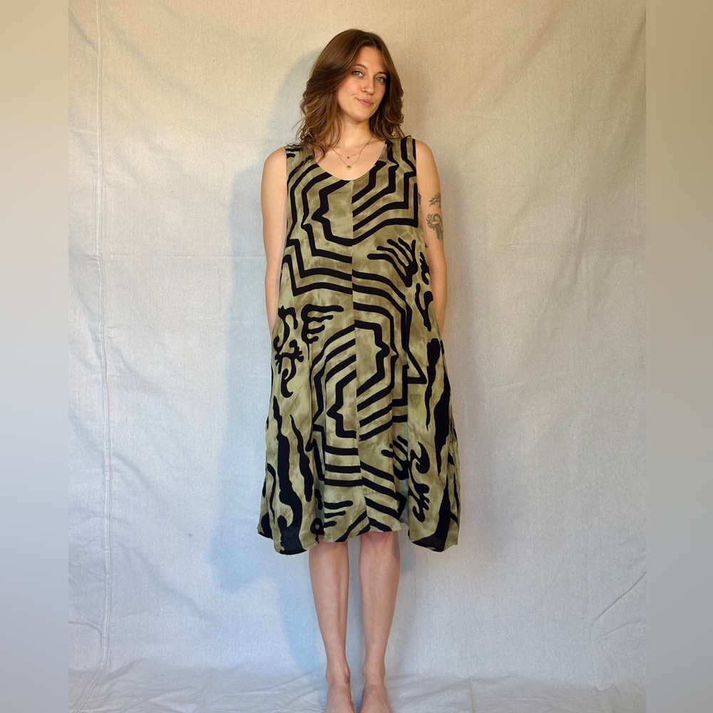 90s Vintage Green Abstract Hippie Pocket Dress